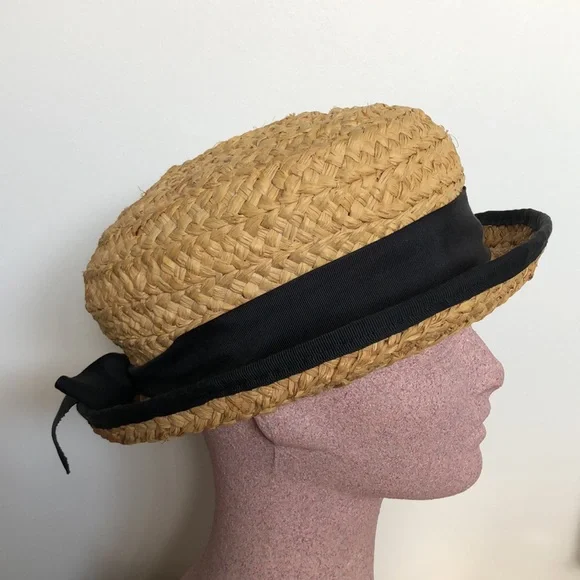 VTG San Francisco Co Black Ribbon Natural Straw Boat EC